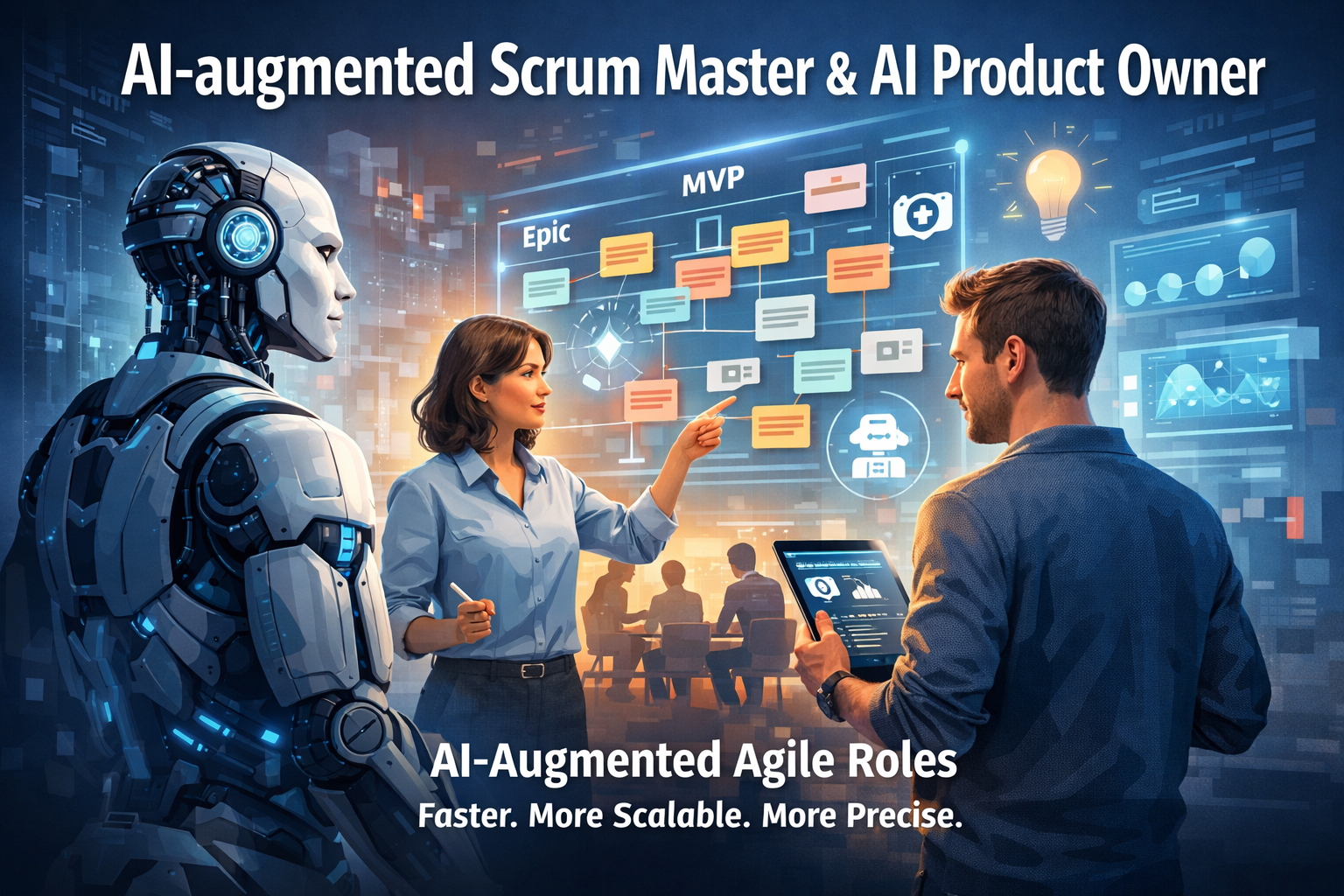 AI Scrum Master and AI Product Owner — AI-augmented agile roles. Faster. More scalable. More precise.